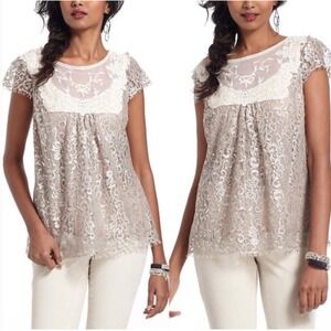 HD in Paris Anthropologie Lace Top Short Sleeve‎ metallic tan 8 boho cottage Y2K
